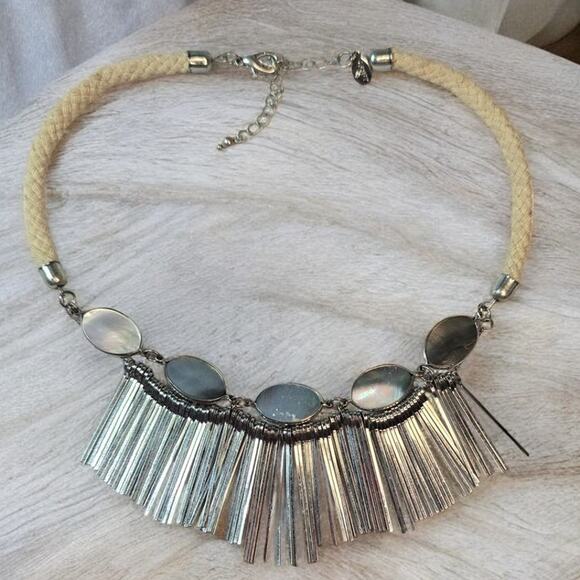 Loft Abalone Shell Silver Fringe Bib Statement Necklace with Braided Beige Cord - Picture 4 of 6